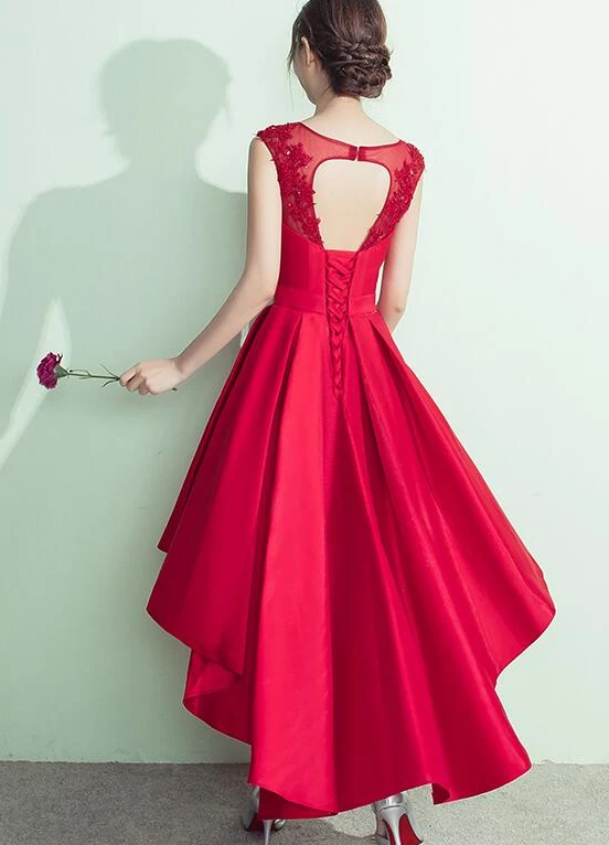 Lovely Satin High Low Round Neckline Party Dress, Red Homecoming Dress   cg13074