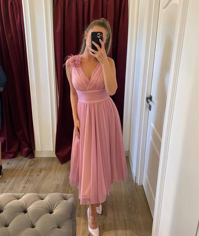 PINK V NECK TULLE SHORT PROM DRESS PARTY DRESS    cg13106