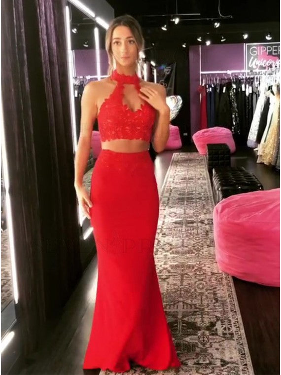 Two Piece Halter Long Red Mermaid Prom Dress with Appliques   cg13130