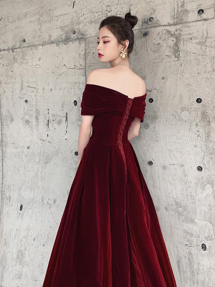 Elegant Velvet Burgundy Long Party prom Dress, A-Line Evening Gown   cg13133