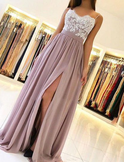 A Line Gray Prom Dresses Spaghetti Straps With Appliques Split Front cg1315