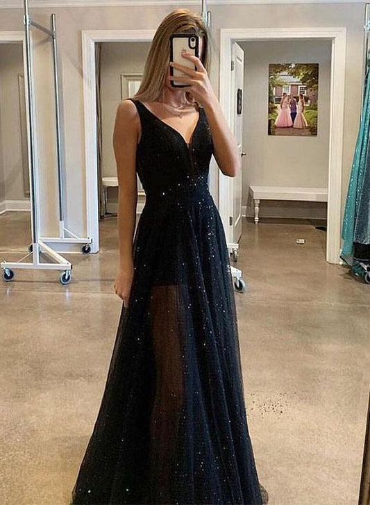 Black v neck sequins long prom dress cg1318