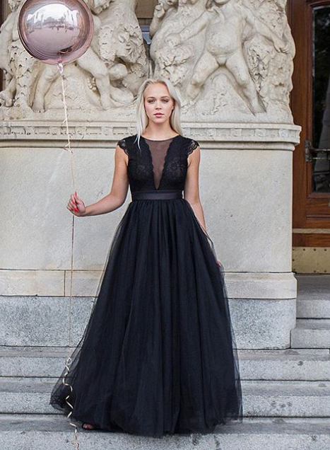 Black Prom Dress,A-Line Prom Gown,O-Neck Evening Dress,Tulle Prom Gown   cg13180