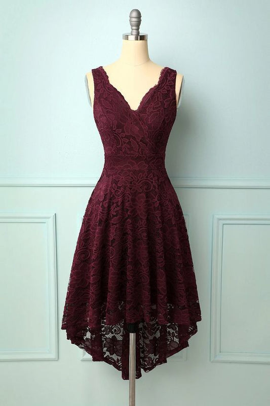 Burgundy V-Neck Lace Homecoming Dress    cg13181