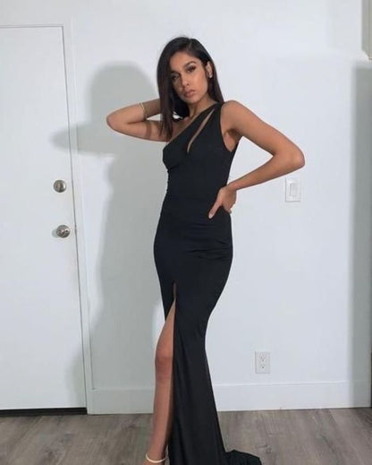 One Shoulder Side Slit Mermaid Evening Dress, Black Long Dress Prom Gown   cg13183