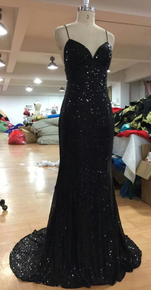 V Neckline Criss-Cross Backless Bling Bling Mermaid Prom Dress black Sequins Evening Dresses   cg13192