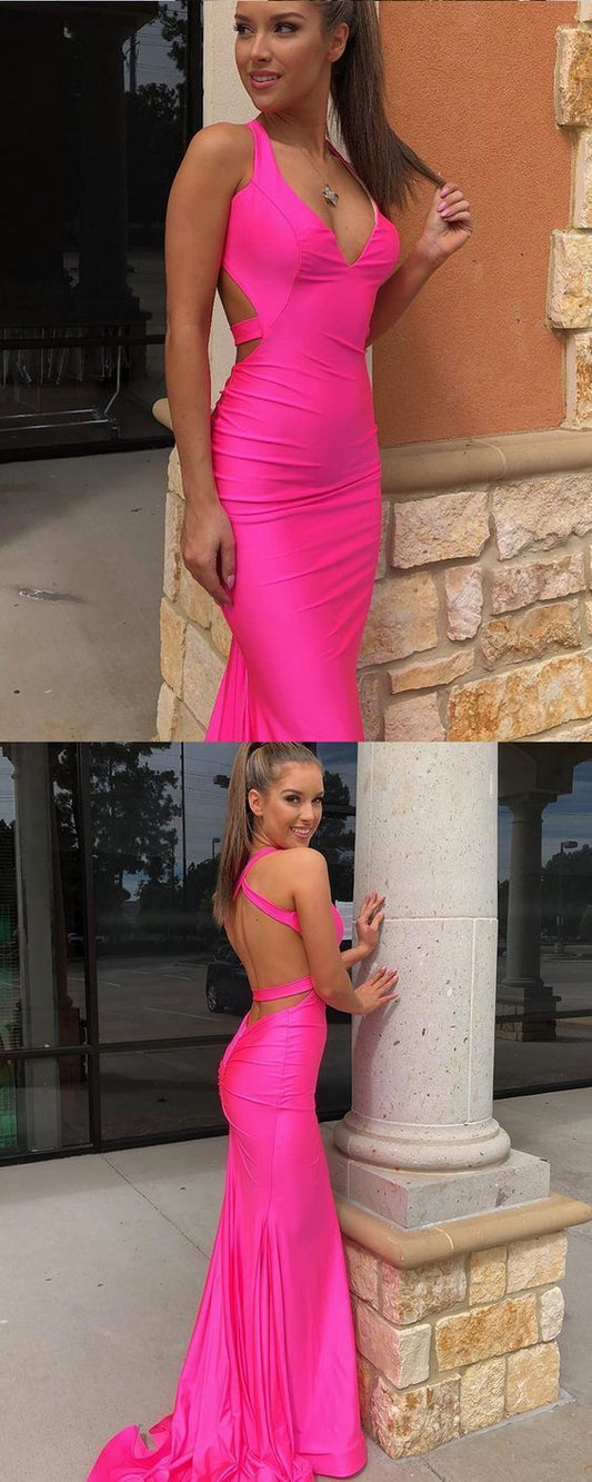 hot pink halter satin mermaid evening dress, simple long prom dress    cg13250