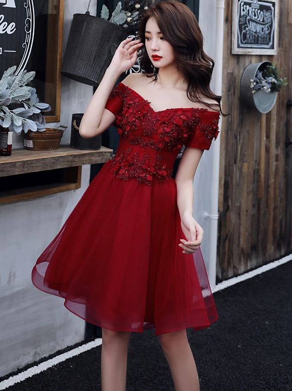 Chic Burgundy Off Shoulder Homecoming Dress   cg13257