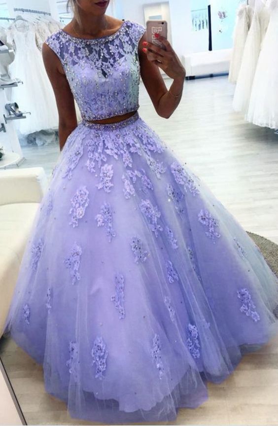 Gorgeous Custom Made Sexy Lavender Tulle Lace Prom Dress Two Pieces Long Prom Gowns   cg13273