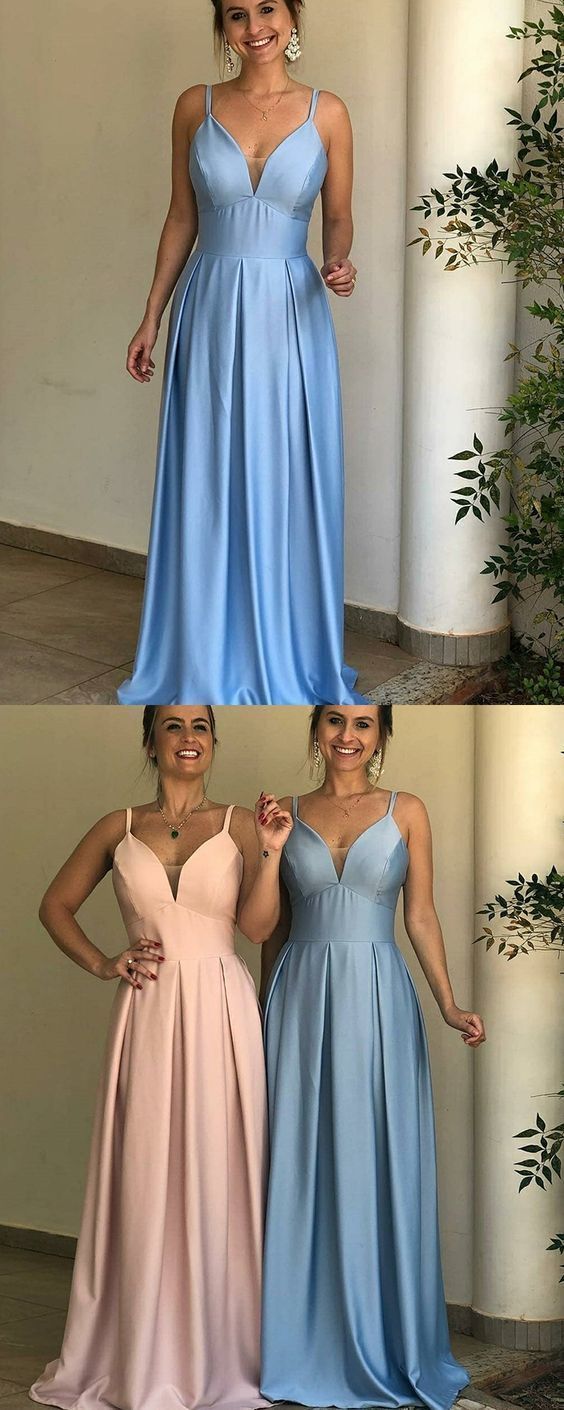 Simple Spaghetti Straps Blue Pleated Satin Prom Dress    cg13295