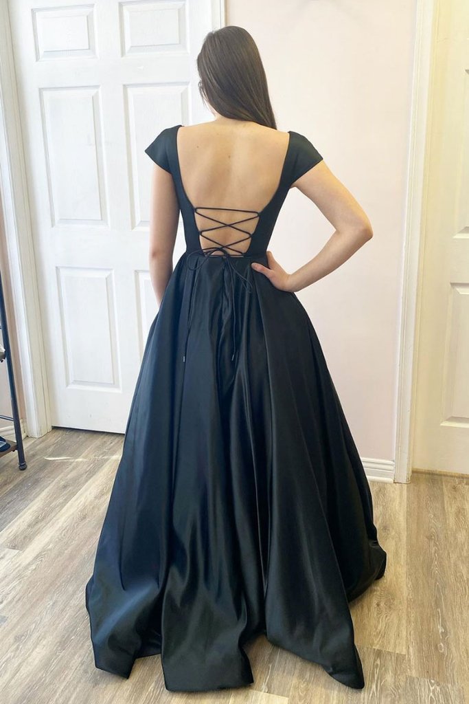 SIMPLE BLACK SATIN LONG PROM DRESS BLACK SATIN EVENING DRESS    cg13303