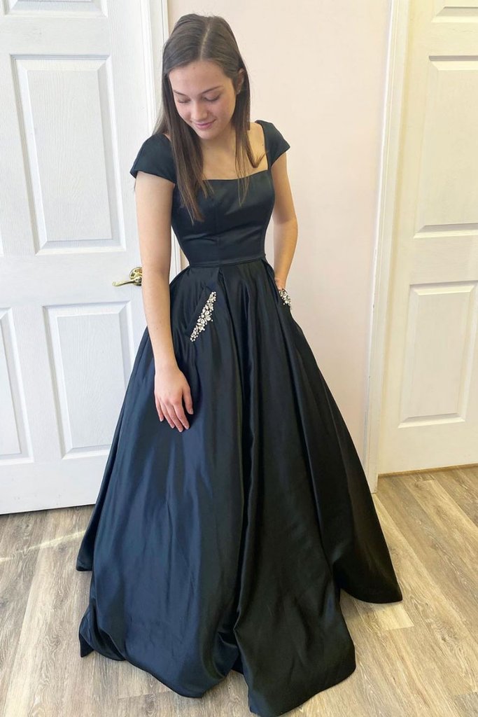 SIMPLE BLACK SATIN LONG PROM DRESS BLACK SATIN EVENING DRESS    cg13303