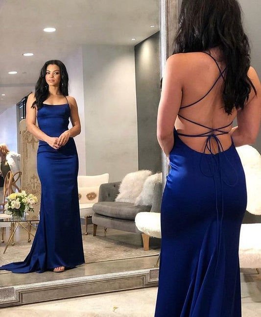 Opening Back Sheath Evening Dresses Long in Dark Royal Satin  Prom Dresses   cg13348