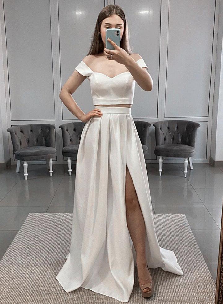 White satin long prom dress two pieces evening dress   cg13387