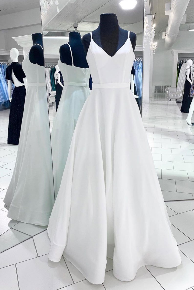 White v neck satin long prom dress white evening dress   cg13389