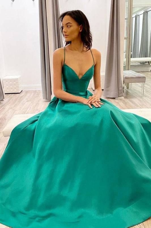 SIMPLE GREEN V NECK SATIN LONG PROM DRESS GREEN EVENING DRESS   cg13391