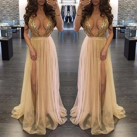 Deep Plunge V Neck Strappy Criss Cross Back Chiffon Long Prom Dress   cg13432