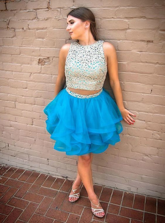 Two Piece Short Blue Tulle Lace Homecoming Dress   cg13481