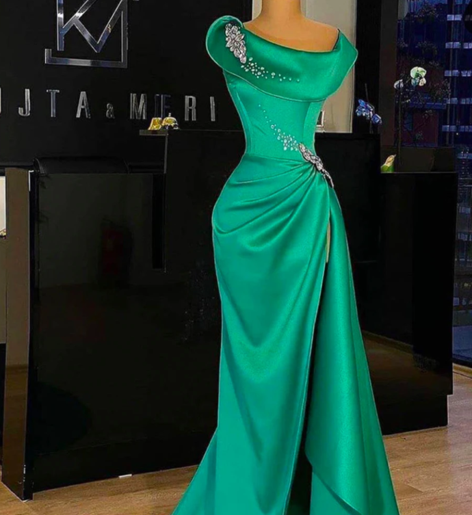 green prom dresses 2020 one shoulder scoop neckline crystal rhinestone side slit pleats long evening dresses gowns   cg13487