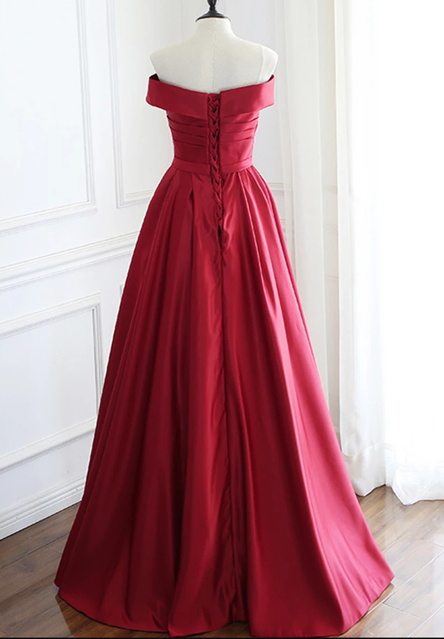 Wine Red Satin Floor Length Party Dress, A-Line Off Shoulder Prom Dress   cg13504