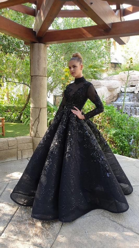 Black Long Sleeves Prom Dress, Ball Gown    cg13515
