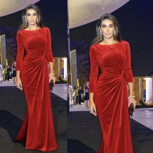 Red prom dresses long sleeve pleats mermaid velvet evening dresses gowns    cg13519