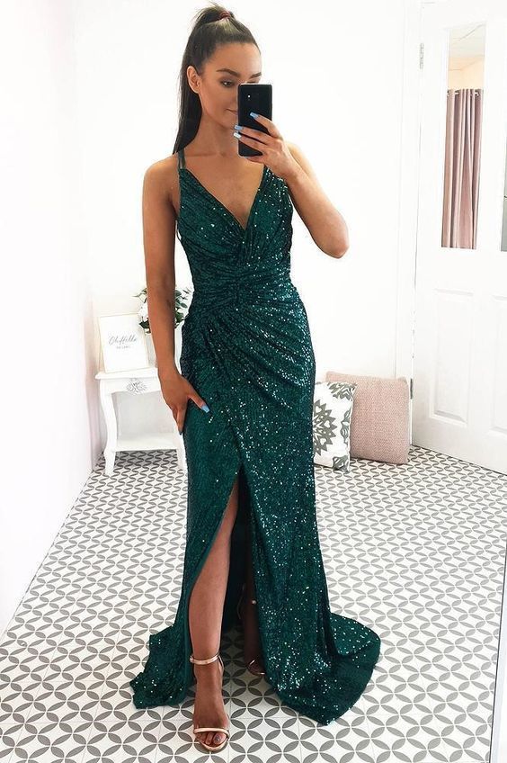 Green Fitted V Neck Prom Dress For Girl Sequin Backless Formal Gown Side Slit   cg13532