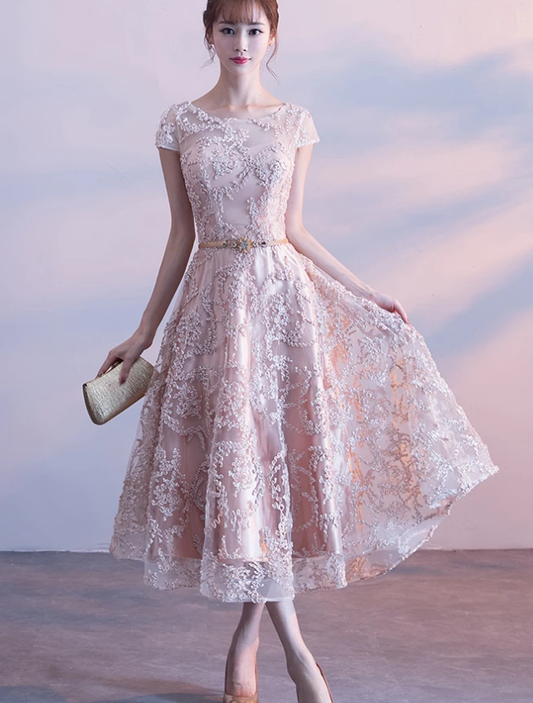 Cute Cap Sleeves Lace Tea Length Bridesmaid Dress Homecoming Dress   cg13535