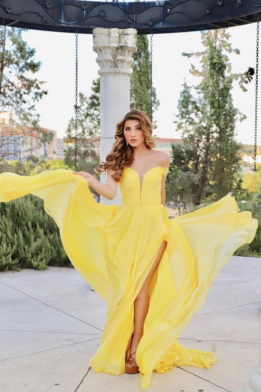 Yellow chiffon long prom dress yellow chiffon evening dress   cg13566