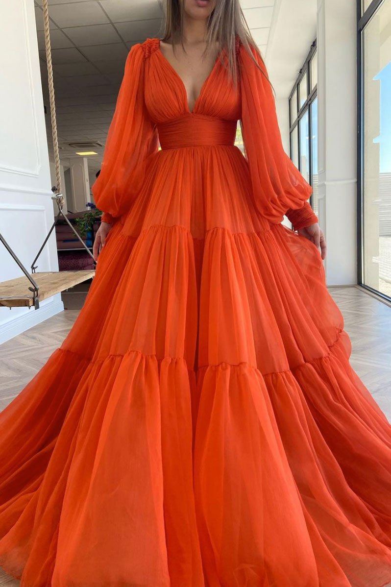 Orange v neck chiffon long prom dress orange evening dress   cg13567