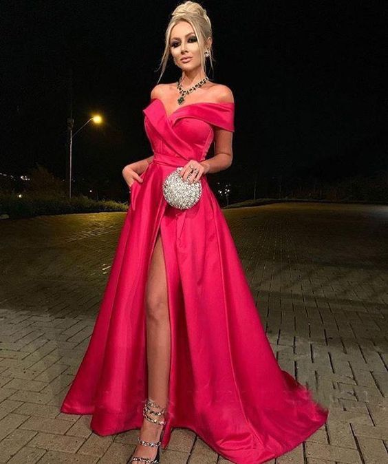 Off the Shoulder Red Slit Side Prom Dresses   cg13610