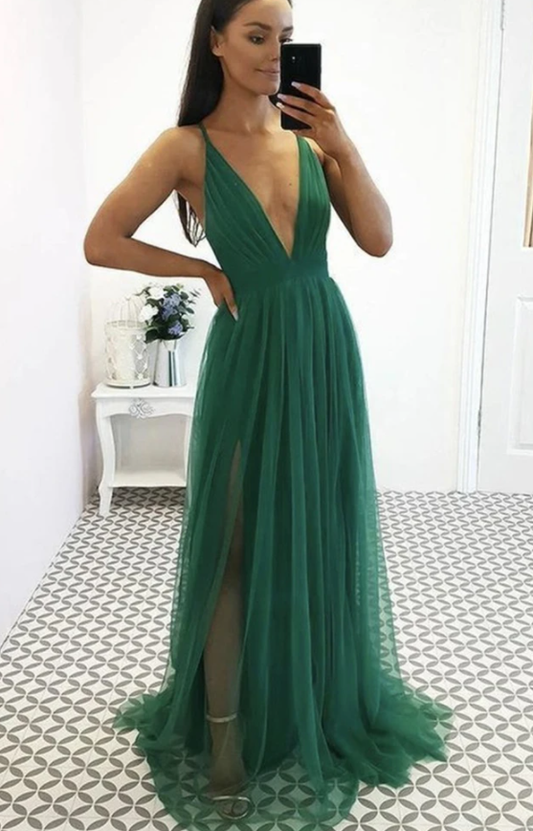 Sexy V Neck Green Tulle Long Prom Dress, V Neck Green Formal Dress, Green Evening Dress   cg13642