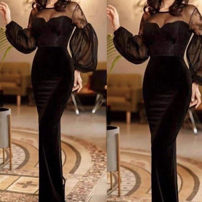 black prom dresses 2020 long sleeve lace mermaid crew neck evening dresses   cg13649