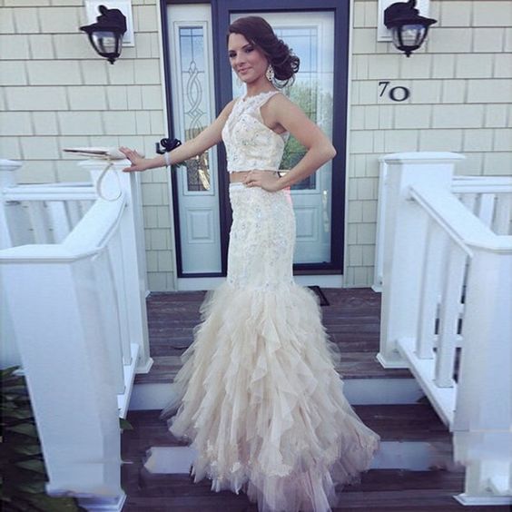 2 Pieces Prom Dresses O Neck Sleeveless Sexy Sequin Appliques Beaded Mermaid Party Evening Gown    cg13747