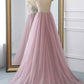 Pink v neck tulle beads long prom dress, evening dress cg1375