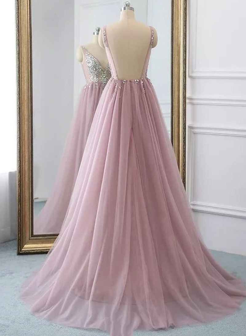 Pink v neck tulle beads long prom dress, evening dress cg1375