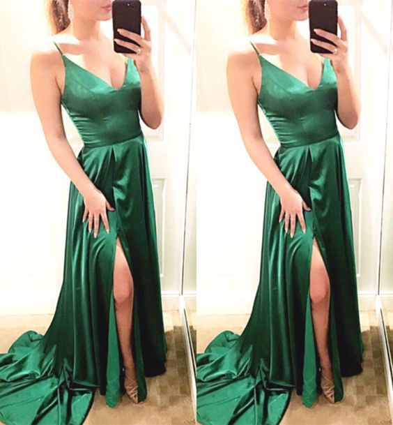 V Neck Green Prom Dress With Split    cg13751