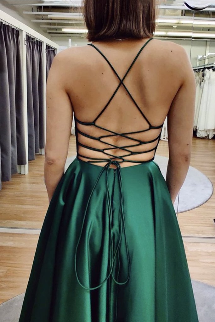 A Line V Neck Floor Length Backless Emerald Green Satin Long Prom Dress   cg13754