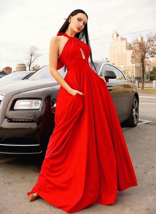 Red Hanging Neck Open Back Long Prom Dress, Bridesmaid Dress    cg13780