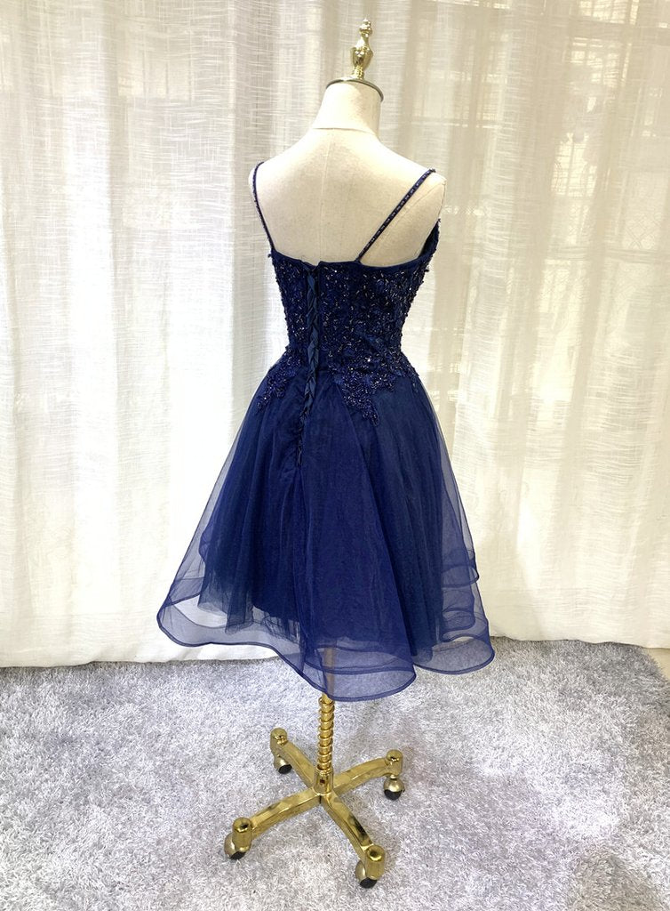 Navy Blue V-Neckline Tulle Short Homecoming Dress, Lace Applique Short Party Dress   cg13782