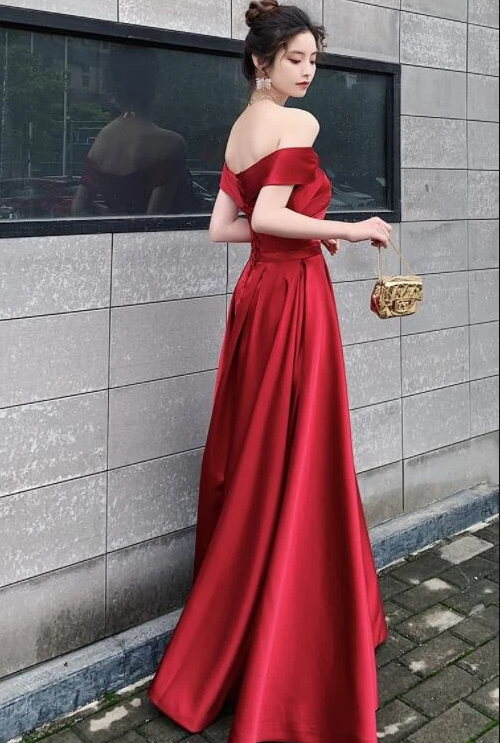 Red Satin Off Shoulder Fashionable Long Prom Dress, New Style Party Dress   cg13784