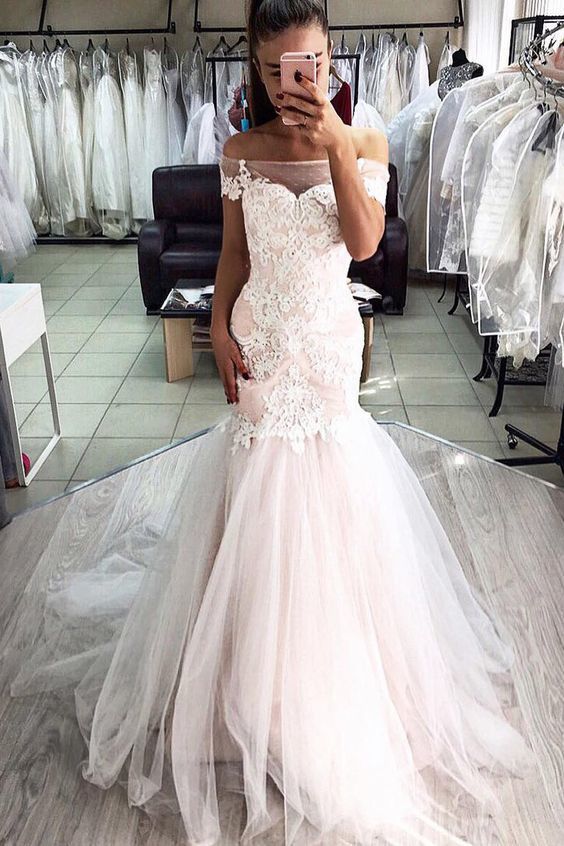 Mermaid Off Shoulder Pink Long Wedding Dress with Appliques  Prom Gown   cg13791