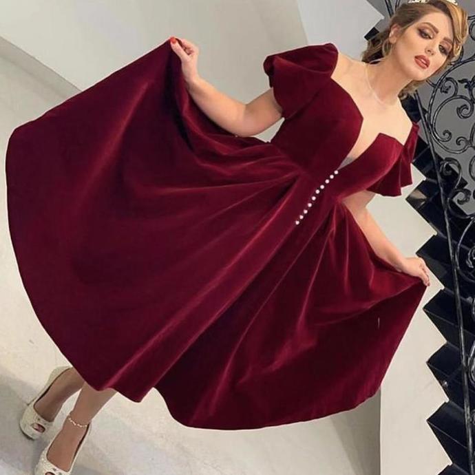 velvet prom dresses 2020 sweetheart neckline short sleeve burgundy tea length evening dresses   cg13801