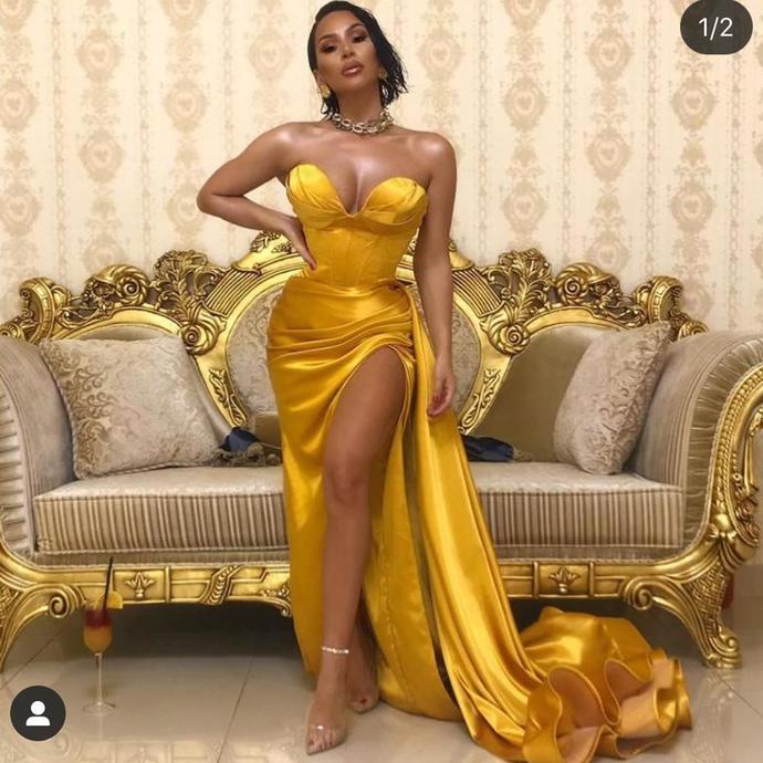 yellow prom dresses 2020 sweetheart neckline side slit pleats sashes evening dresses formal dresses   cg13805