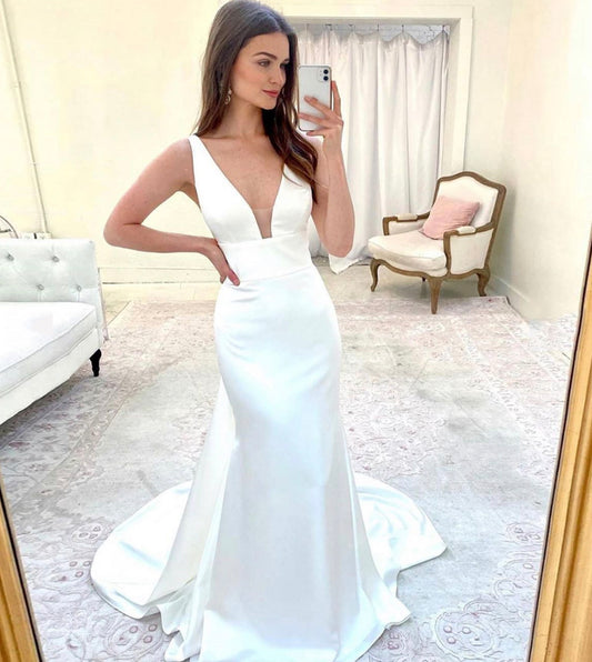 MERMAID SATIN LONG PROM DRESS WHITE EVENING DRESS   cg13814