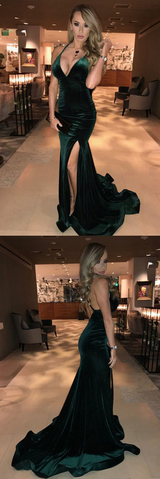 Modest Prom Dresses Long Dark Green Evening Dresses With Slit, Velvet Graduation Dress V Neck   cg13837