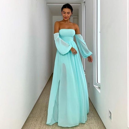 Light Blue Long Sleeve Evening Dress Off Shoulder Chiffon Plus Size Floor Length Formal Prom Dresses   cg13856