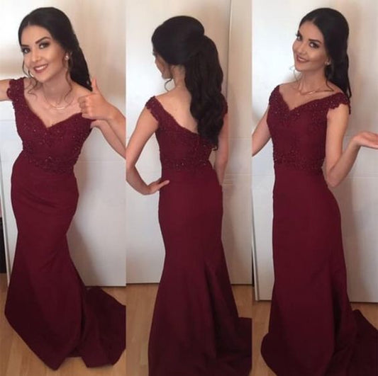 Sexy Appliques Mermaid Evening Dress, Burgundy Long Prom Dresses   cg13871