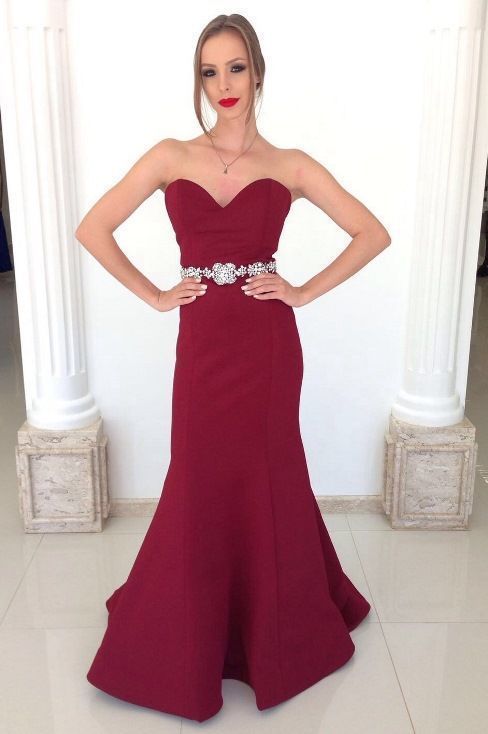 Burgundy Sweetheart Mermaid Satin Prom Dress   cg13885