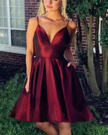 A-line V-neck Satin Short Homecoming Dresses Wine Red cg1389